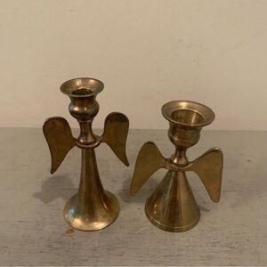 Two VTG Brass Christmas Angel Taper Candles